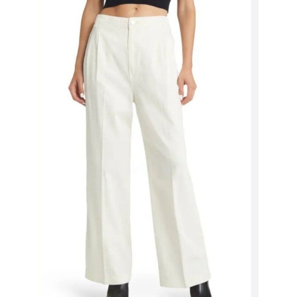 FRAME Pleated Wide Leg Pants Women 34 Ecru Cotton High Rise Trouser